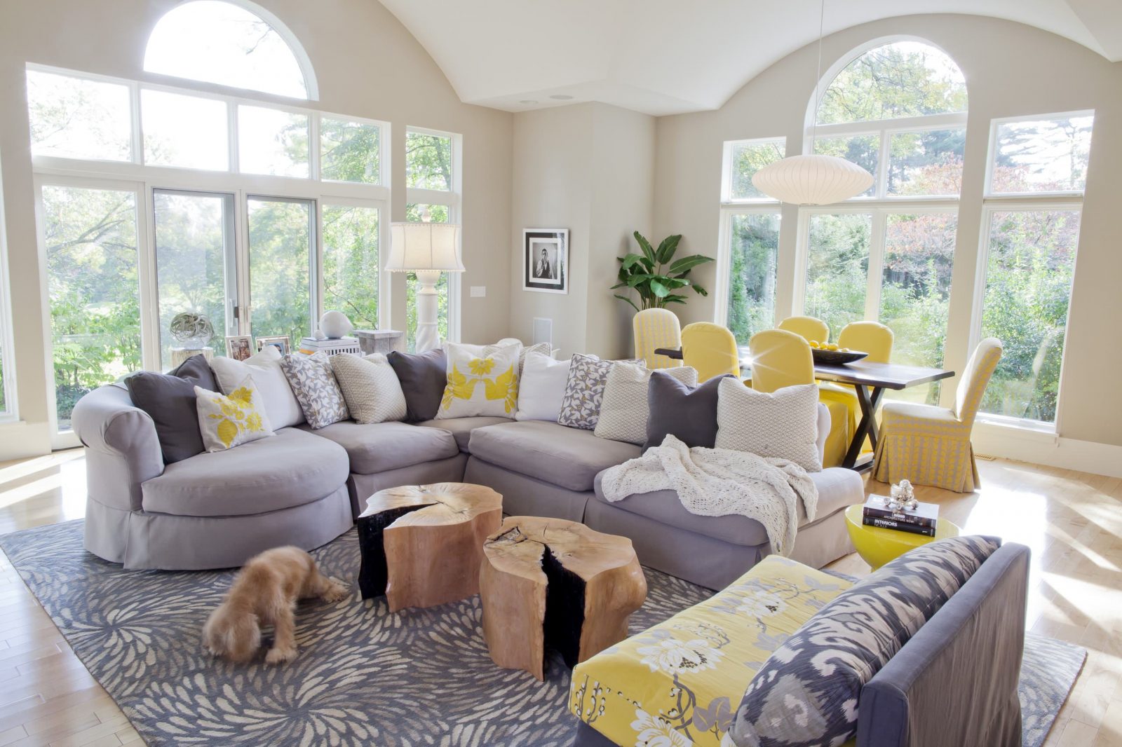 Grey And Yellow Living Room With Yellow Floral Patterned Armless Chair 1600x1066 