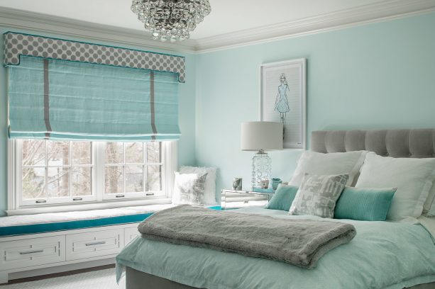 light grey and turquoise bedroom