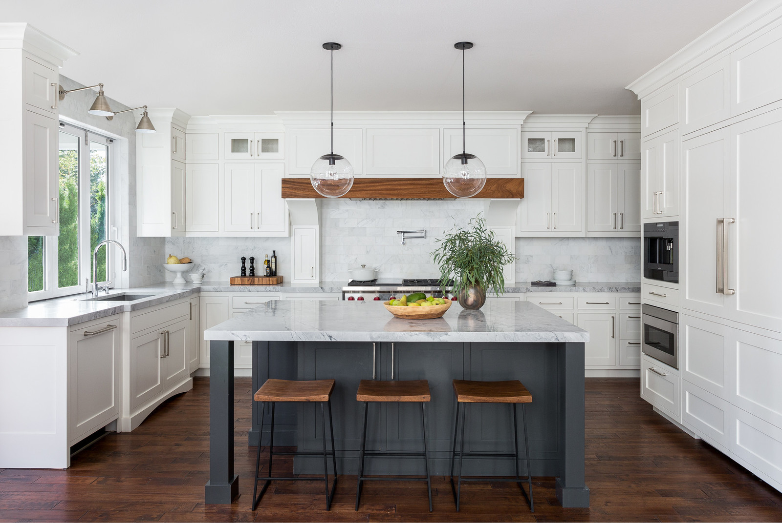 White Shaker Cabinets With Dark Wood Accents 