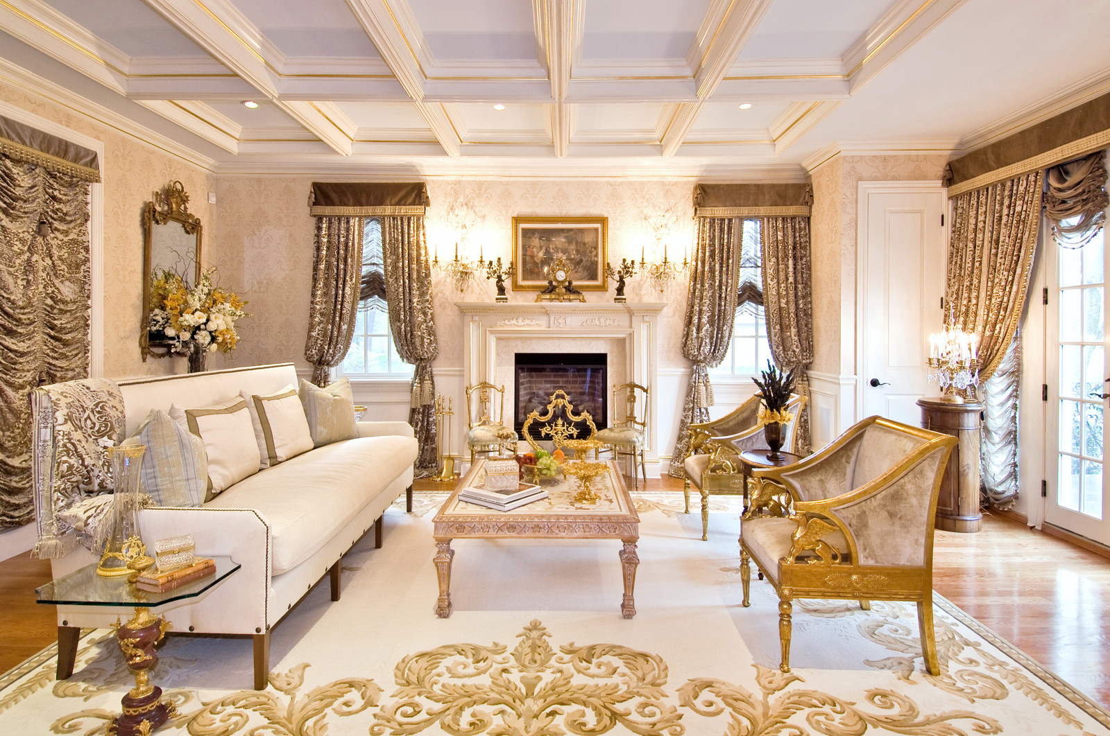 living room with gold rug