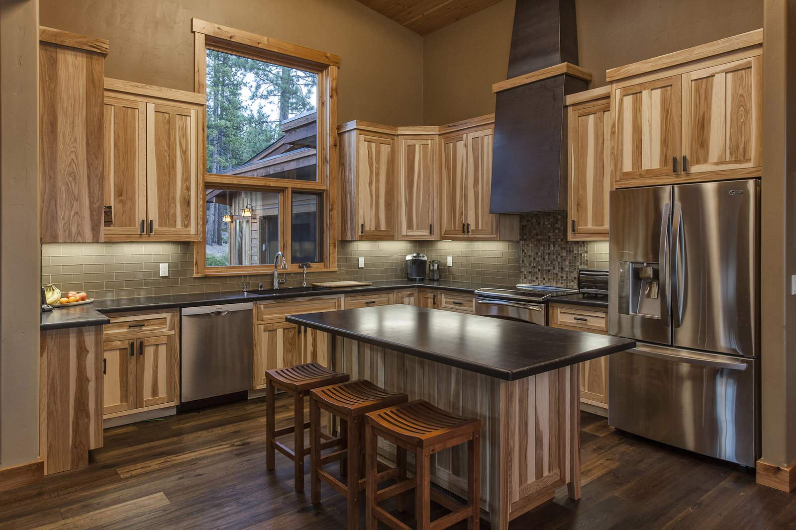 Cozy Contemporary Kitchen With Non Stained Hickory Cabinets And Multicolor Dark Wood Floor 